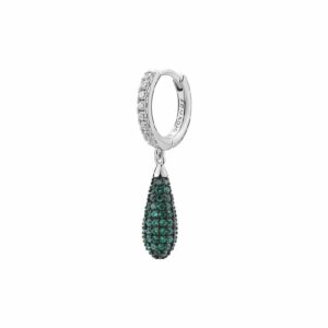 Orecchino singolo a cerchio in argento rodiato 925‰ e pendente con galvanica colore rutenio e cubic zirconia colore emerald.