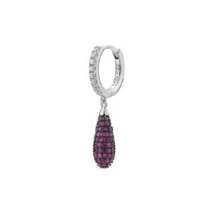 Orecchino singolo a cerchio in argento rodiato 925‰ e pendente con galvanica colore rutenio e cubic zirconia colore ruby.