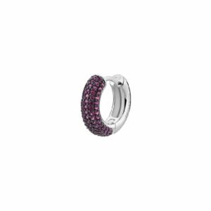 Orecchino singolo a cerchio in argento rodiato 925‰ con galvanica colore rutenio e cubic zirconia colore ruby.