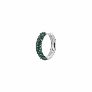 Orecchino singolo a cerchio in argento rodiato 925‰ con galvanica colore rutenio e cubic zirconia colore emerald.