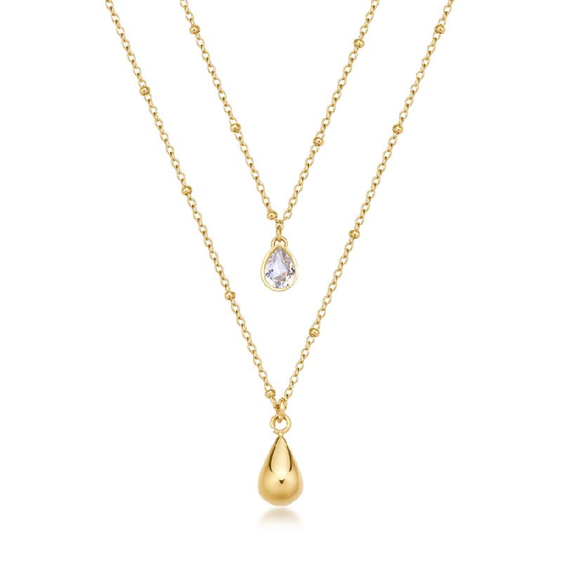 Collana PERFECT in acciaio 316L, finitura pvd colore oro, a doppio filo con pendente a goccia e cristallo