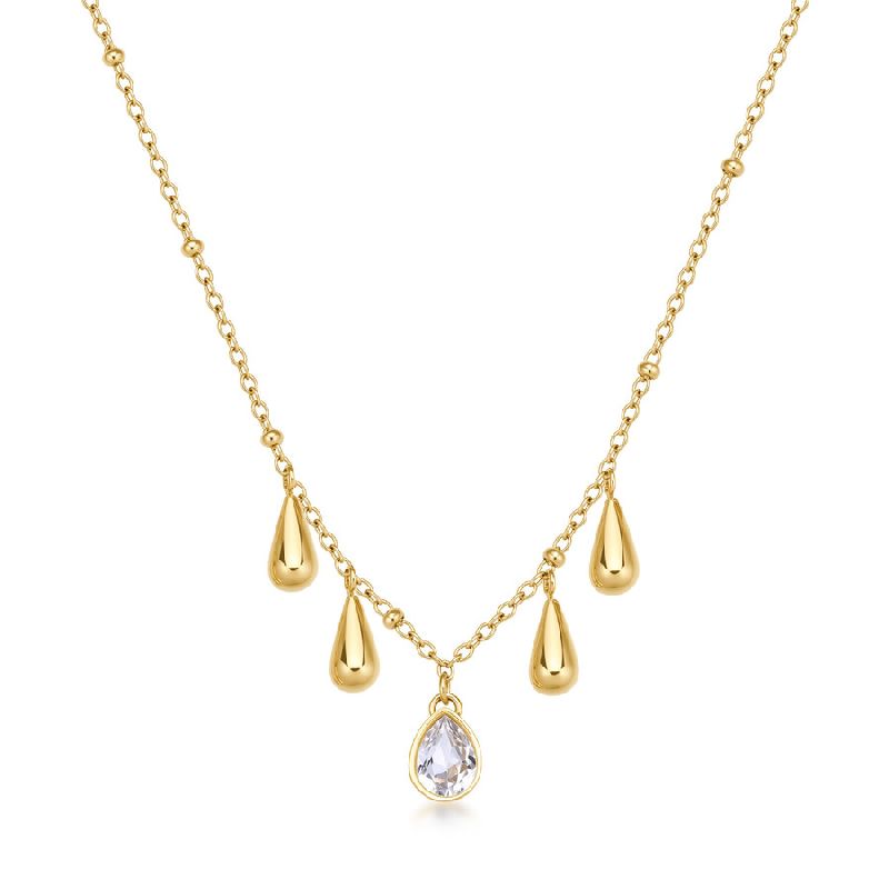 Collana PERFECT in acciaio 316L, finitura pvd colore oro, con pendenti a goccia e cristallo