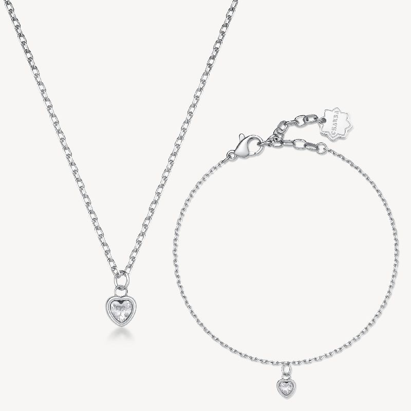 Collana + bracciale CHAKRA in acciaio 316L, con pendente cuore con cristallo
