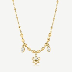 Collana CHAKRA in acciaio 316L, finitura pvd colore oro, con fiore di loto e cristalli