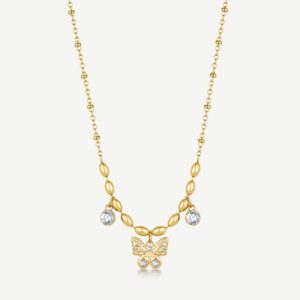 Collana CHAKRA in acciaio 316L, finitura pvd colore oro, con  farfalla  e cristalli