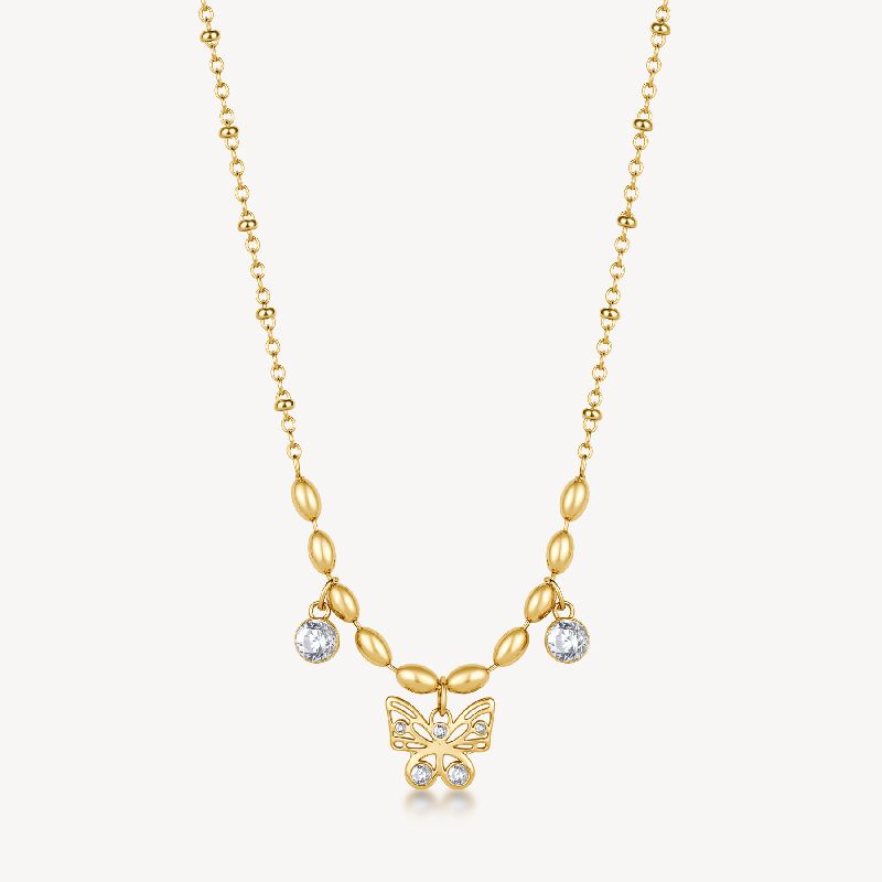 Collana CHAKRA in acciaio 316L, finitura pvd colore oro, con farfalla e cristalli