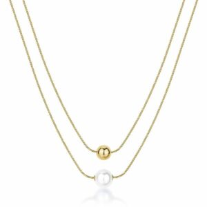 Collana PERFECT in acciaio 316L, finitura pvd colore oro, a doppio filo con pendente a sfera e perla di conchiglia