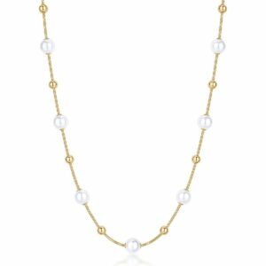 Collana PERFECT in acciaio 316L, finitura pvd colore oro, con sfere e perle di conchiglia