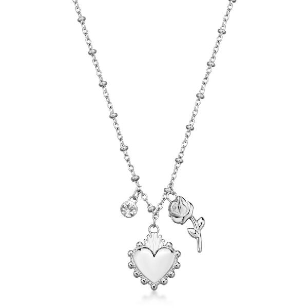 Collana CHAKRA in acciaio 316L, con pendenti cuore e rosa, con cristallo