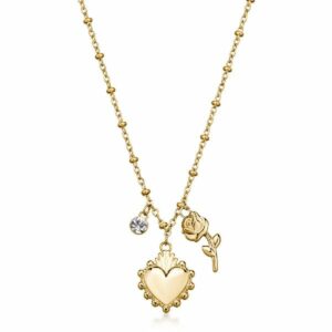 Collana CHAKRA in acciaio 316L, finitura pvd colore oro, con pendenti cuore e rosa, con cristallo