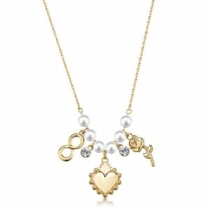 Collana CHAKRA in acciaio 316L, finitura pvd colore oro, con pendenti a cuore e rosa, con cristallo