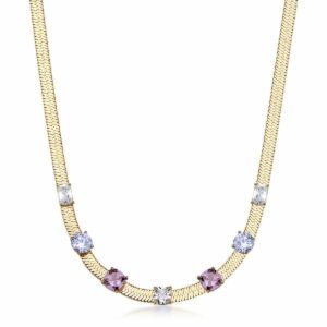 Collana DREAMING in acciaio 316L, finitura pvd colore oro, con cubic zirconia round, cushion, square e baguette light sapphire