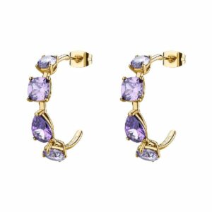 Orecchini a cerchio DREAMING in acciaio 316L, finitura pvd colore oro, con cubic zirconia round, cushion e pear ametista