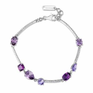 Bracciale semirigido in argento rodiato 925&permil; con cubic zirconia chiari e cubic zirconia colore amethyst.