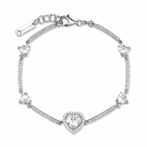 Bracciale semirigido in argento rodiato 925&permil; con cuori e cubic zirconia.
