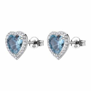 Orecchini a lobo in argento rodiato 925&permil; a forma di cuore con cubic zirconia chiari e cubic zirconia colore light sapphire.