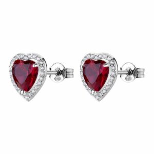 Orecchini a lobo in argento rodiato 925&permil; a forma di cuore con cubic zirconia chiari e cubic zirconia colore ruby.