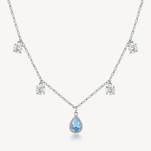 Collana FANCY in argento 925/1000 rodiato, con pendenti con cubic zirconia light sapphire forma round e pear