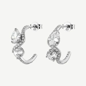 Orecchini a cerchietto FANCY in argento 925/1000 rodiato, con cubic zirconia white forma round e pear