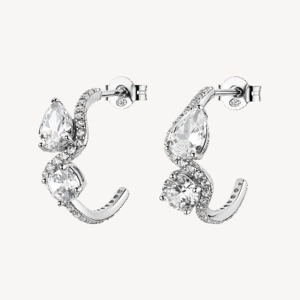 Orecchini a cerchietto FANCY in argento 925/1000 rodiato, con cubic zirconia white forma round e pear