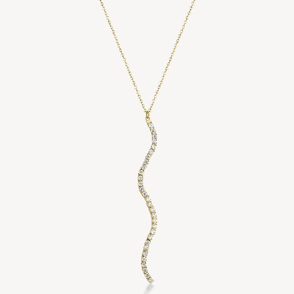 Collana lunga in acciaio 316L e finitura pvd oro 14K, con pendente a S e cubic zirconia.