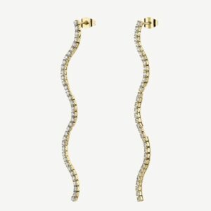 Orecchini pendenti in acciaio 316L e finitura pvd oro 14K, con cubic zirconia.