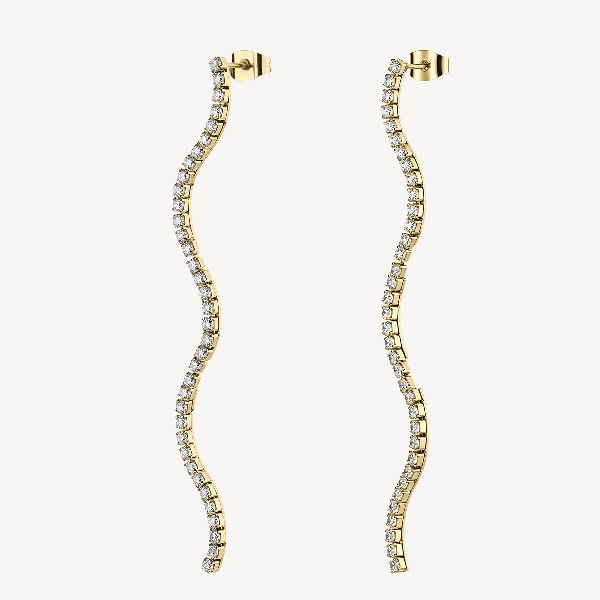 Orecchini pendenti in acciaio 316L e finitura pvd oro 14K, con cubic zirconia.