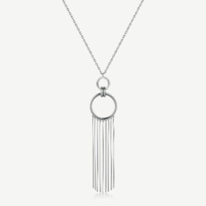 Collana lunga in acciaio 316L e pendente a cerchi con frange.
