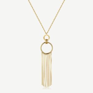 Collana lunga in acciaio 316L e finitura pvd oro 14K, con pendente a cerchi con frange.