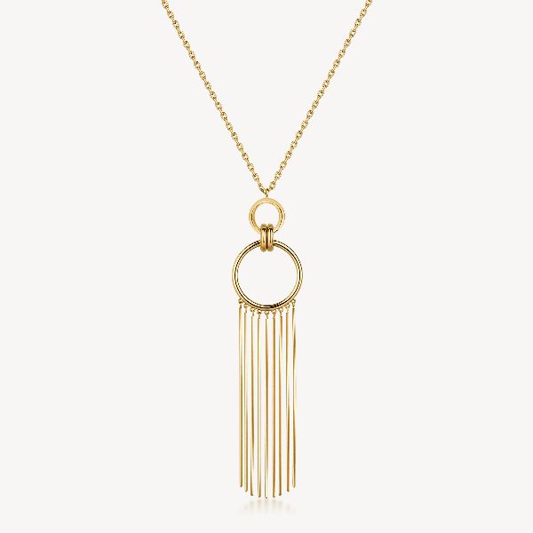 Collana lunga in acciaio 316L e finitura pvd oro 14K, con pendente a cerchi con frange.