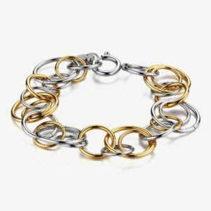 Bracciale in acciaio 316L e finitura pvd oro 14K, con cerchi intersecati.