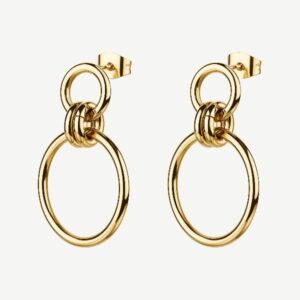 Orecchini pendenti in acciaio 316L e finitura pvd oro 14K, con cerchi.