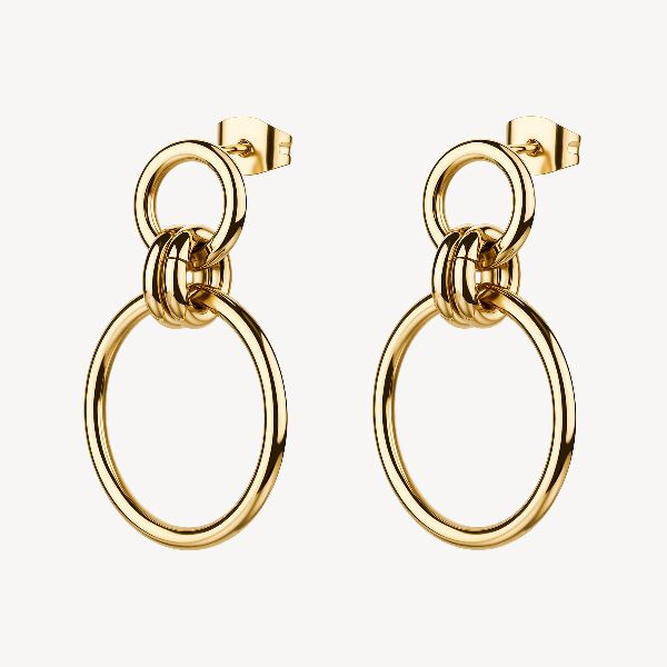 Orecchini pendenti in acciaio 316L e finitura pvd oro 14K, con cerchi.