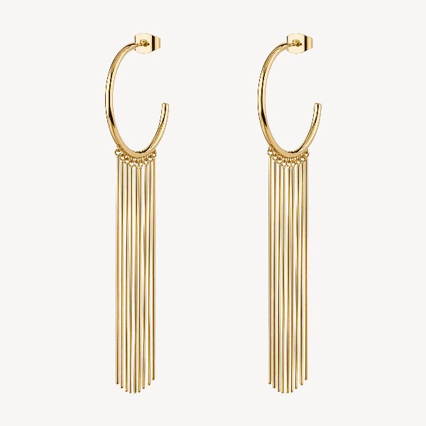 Orecchini a cerchio in acciaio 316L e finitura pvd oro 14K, con frange.