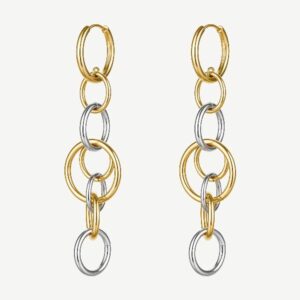 Orecchini pendenti in acciaio 316L e finitura pvd oro 14K, con cerchi intersecati.