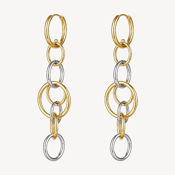 Orecchini pendenti in acciaio 316L e finitura pvd oro 14K, con cerchi intersecati.