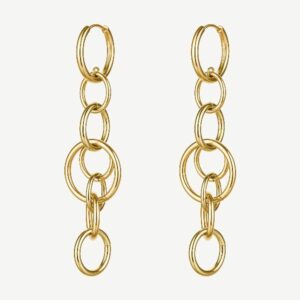 Orecchini pendenti in acciaio 316L e finitura pvd oro 14K, con cerchi intersecati.