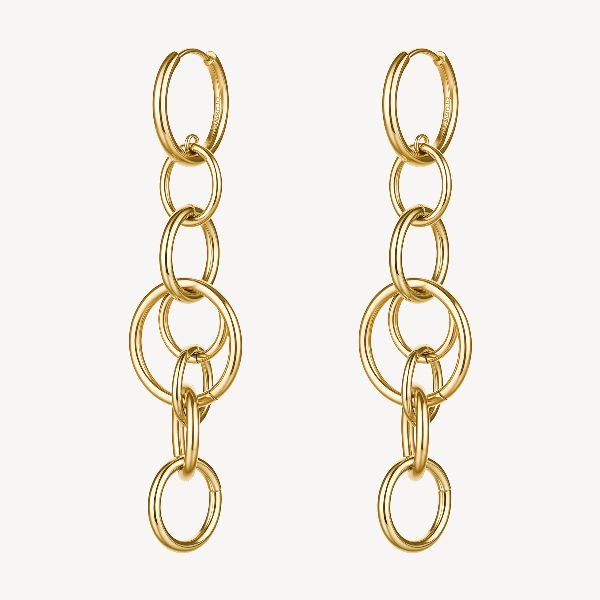 Orecchini pendenti in acciaio 316L e finitura pvd oro 14K, con cerchi intersecati.