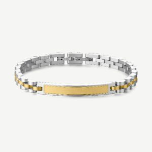 Bracciale in acciaio 316L e finitura pvd oro 14K, con barra centrale.