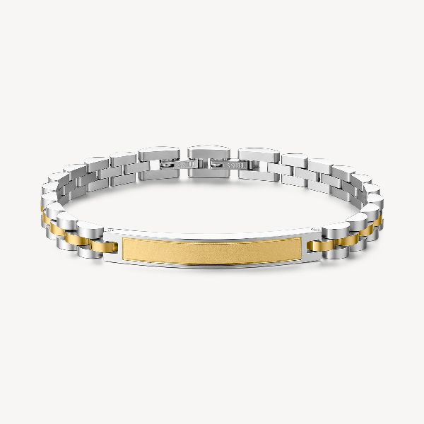 Bracciale in acciaio 316L e finitura pvd oro 14K, con barra centrale.