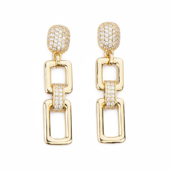 Orecchini top con link a barretta in pavè di zirconi clear ed elementi rettangolari in brass dorato