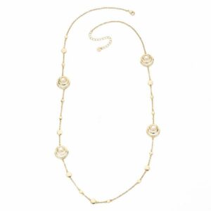 Collana catenina con pastigliette in brass liscio e dorato alternati a cerchi sovrapposti in pav&egrave; di zirconi clear - misura regolabile