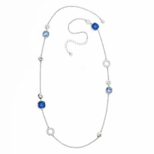 Collana catena rol&ograve; con cristalli multi-tone sapphire con frame increspato, beads in brass rodiato e dischi con zirconi clear  - misura regolabile
