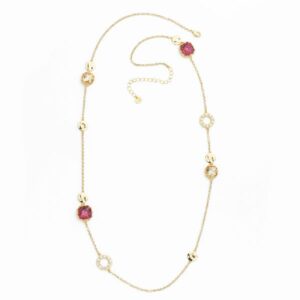 Collana catena rol&ograve; con cristalli Lt. topaz e magenta con frame increspato, beads in brass dorato e dischi con zirconi clear  - misura regolabile