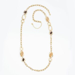 Collana catena con elementi in brass dorato con intarsio a foglia in cat eye chocolate e lt. peachcon frame di zirconi  - misura regolabile