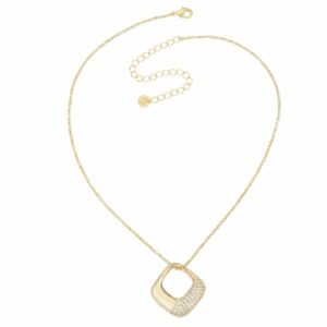 Collana catenina veneziana con pendente romboidale in brass bombato dorato liscio e con pav&egrave; di zirconi clear  - misura regolabile
