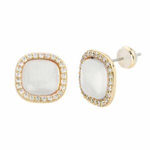 Orecchini top carr&egrave; in cat eye bianco con frame in brass dorato e zirconi clear