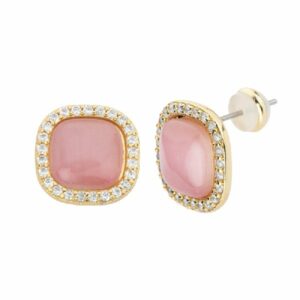 Orecchini top carr&egrave; in cat eye rose con frame in brass dorato e zirconi clear