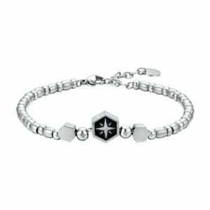 BRACCIALE UOMO IN ACCIAIO ELEMENTO CON ROSA DEI VENTI SILVER E SMALTO NERO