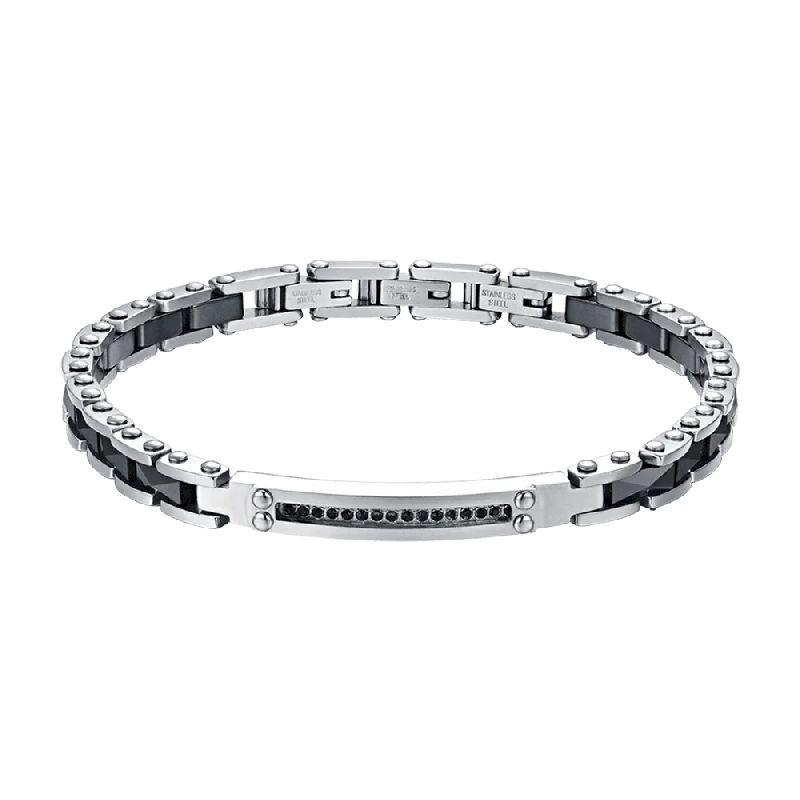 BRACCIALE UOMO IN ACCIAIO E CERAMICA NERA CON CRISTALLI NERI